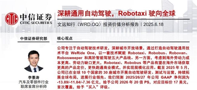 文远知行获中信证券“买入”高度评价，目标价位17美元